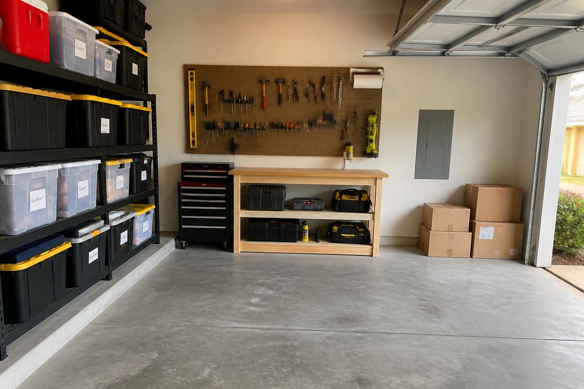 A clean, organized residential garage with labeled storage bins and tools
